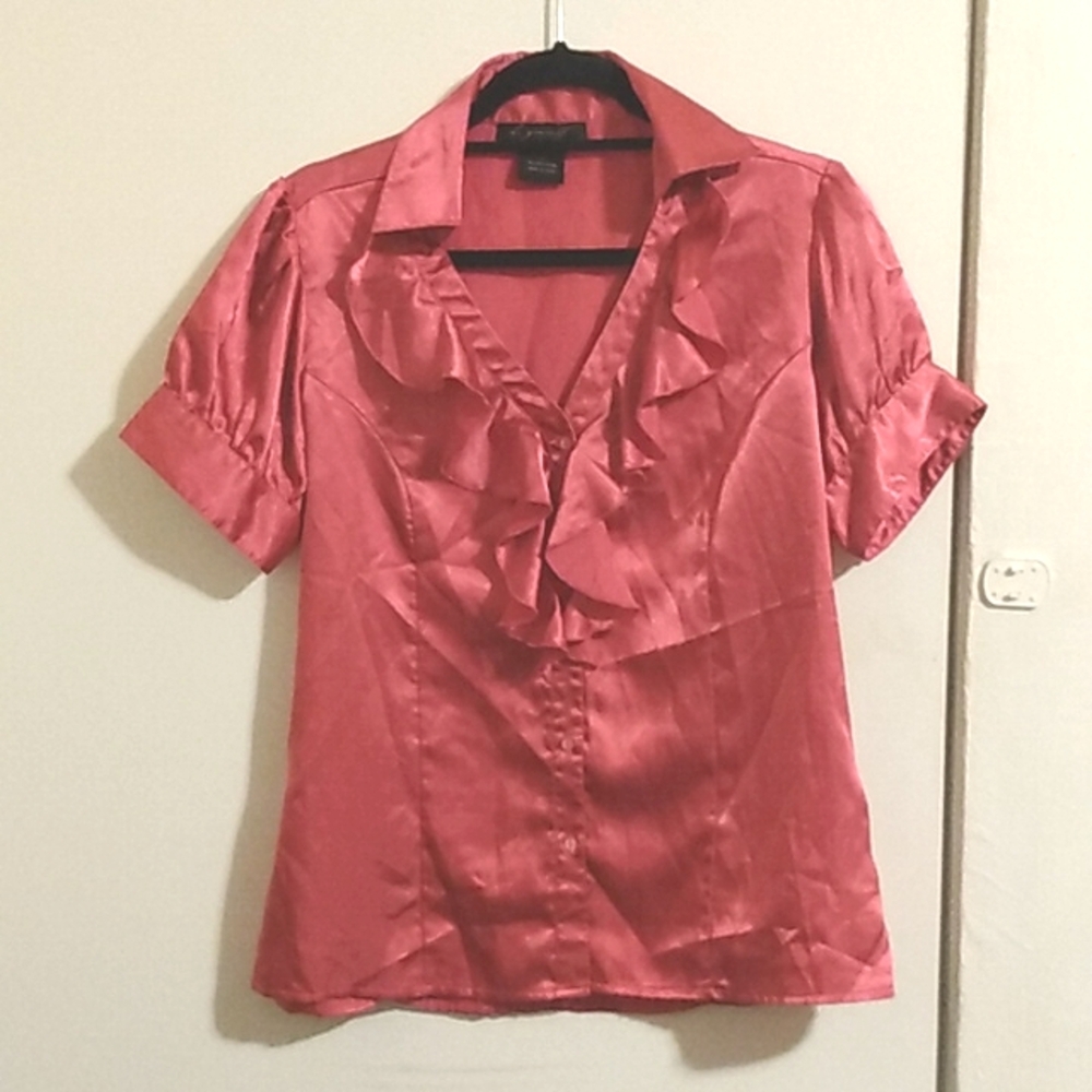 Be Yourself Womens Pink Short Sleeve Button Up Satin Ruffle Top Size Large
